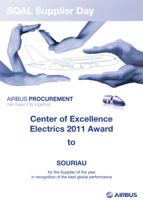 Pour la 5ième année,  SOURIAU remporte le prix du meilleur fournisseur de pièces standards électriques d’AIRBUS